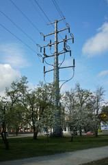 Power line support, high voltage, insulators and wires