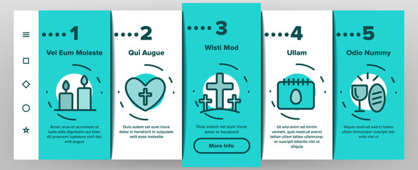 Happy Easter Onboarding Mobile App Page Screen Vector Icons Set Thin Line. Egg And Bunny, Church And Tulip Celebrity Easter Details Concept Linear Pictograms. Religion Holiday Contour Illustrations