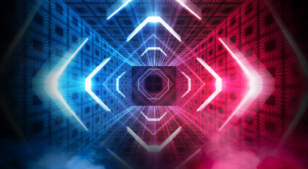 Abstract futuristic neon tunnel Dark room fluorescent bright purple and pink neon glow Virtual background space corridor shape tunnel