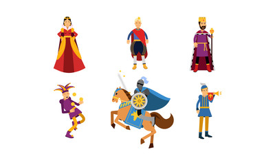Medieval Cartoon Characters Of A Queen, A King, A Prince, A Jester, A Knight On Horseback And A Herald In Vector Illustration Set