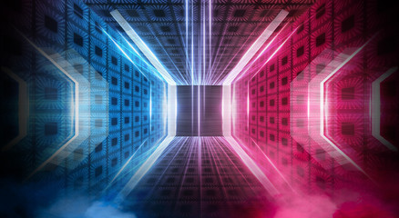 Abstract futuristic neon tunnel Dark room fluorescent bright purple and pink neon glow Virtual background space corridor shape tunnel