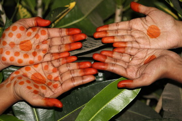 picture of the hand after applied of Natural / herbal or home made henna with some traditional...