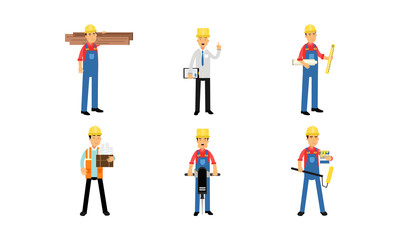 Fototapeta na wymiar Builders Or Engineers With Equipment Vector Illustration Set Isolated On White Background