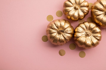 Beautiful golden pumpkins on pastel pink. Flat lay thanksgiving composition