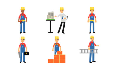 Builders And Constructors Work With Various Equipment Vector Illustration Set Isolated On White Background