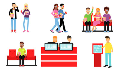 Men And Women Characters Going To The Movie With Friends Vector Illustration Set Isolated On White Background