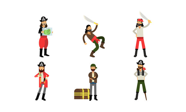 Pirate Characters With A Saber Or Parrot In Different Actions And Poses Vector Illustration Set Isolated On White Background