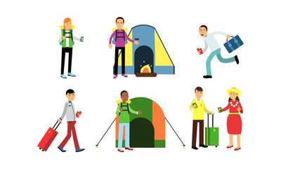 Tourists In Different Places And Situations Vector Illustration Set Isolated On White Background