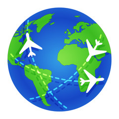 Naklejka premium Planes fly around the globe. Journey. Planet Earth. World map. Flat color vector