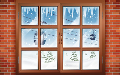 landscape of snowing at the wooden window