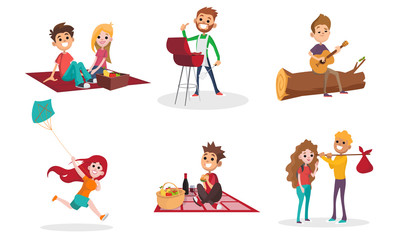 Set of men and women on a picnic. Vector illustration.