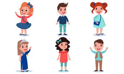 Boys and girls in modern clothes. Vector illustration.