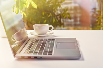 Laptop on a window background on a bright sunny day