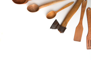 Kitchenware set of wooden spoon and fork on white background.  - Image