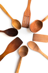 Kitchenware set of wooden spoon and fork on white background.  - Image