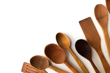 Kitchenware set of wooden spoon and fork on white background.  - Image