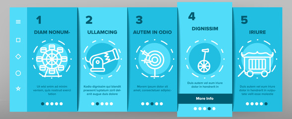 Circus Show Onboarding Mobile App Page Screen Vector Icons Set Thin Line. Character Clown And Circus Equipments, Attraction And Elephant Concept Linear Pictograms. Contour Illustrations