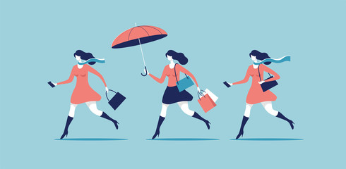 Fototapeta premium Set of women walking or running. Seasonal and holiday shopping. Vector illustration.