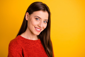 Fototapeta premium Photo of cheerful cute nice charming pretty girl smiling toothily beaming isolated over yellow vivid color background