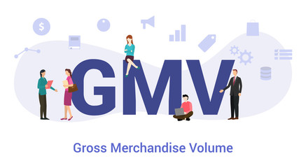 gmv gross merchandise volume concept with big word or text and team people with modern flat style - vector