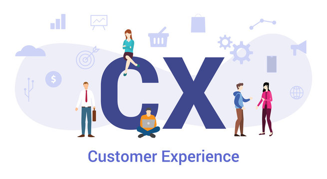 cx customer experience concept with big word or text and team people with modern flat style - vector