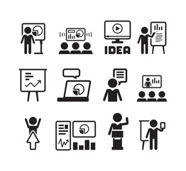 Business presentation icon. Training teacher talking flipchart businessman speaker conference hall mentor group people vector symbols. Illustration businessman presentation, discussion and training