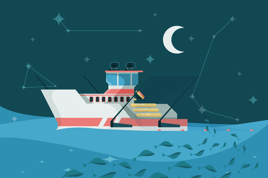 Fishing boat in sea. Marine sky night landscape ship ocean water surface sailing transport for fishing vector background in flat style. Trawler fishing, vessel nautical catch seafood illustration