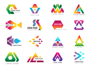 Triangle logo. Business advertizing template polygonal colored symbols of identity vector pictogram collection. Triangle business graphic, geometric template logo, logotype geometry illustration