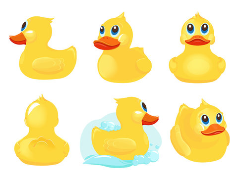 Rubber duck. Bath yellow cute toys water funny games vector duck cartoon illustrations. Rubber duck, toy baby ducky, duckling character