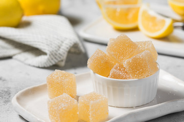 Fototapeta na wymiar Lemon marmalade sprinkle with sugar in a bowl