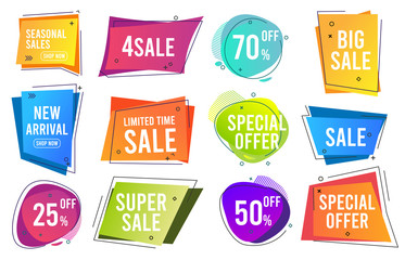 Sale banners. Trendy color modern line banners promo labels drop prices vector template collection. Sale and price discount, best offer icon illustration