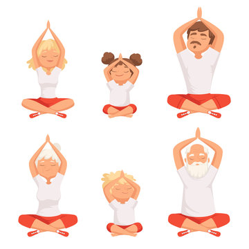 Yoga family. Parents and kids making exercises of yoga and meditation pose buddhism elderly male and female vector pictures. Family doing yoga, grandfather and grandmother meditate illlustration