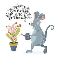 Cute rat is watering the flowers. Spring time. Stylish typography slogan design 