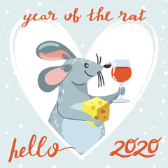 Merry Christmas and Happy New Year greeting card. Cute mouse with cheese, wine and lettering. Rat is Chinese symbol 2020 year. Heart shape frame. Vector illustration.