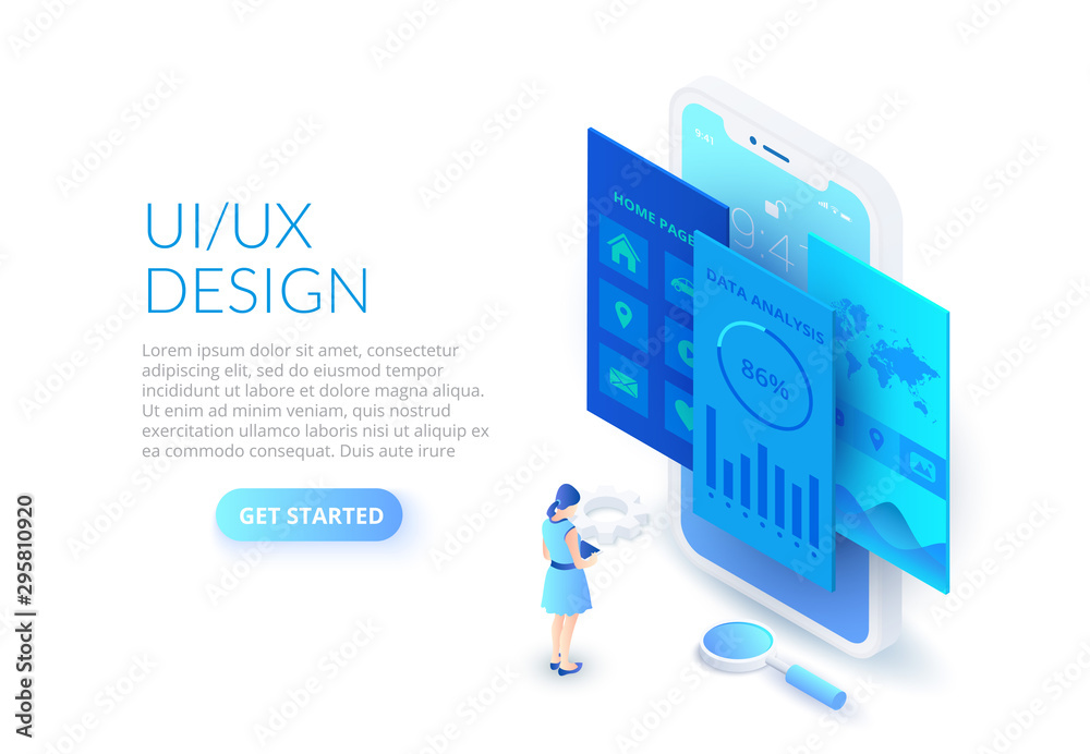 Poster ui design concept with smartphone, woman and magnifier. isometric vector illustration. landing page 