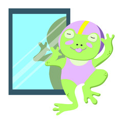Flat illustration with character. Cute green frog in a swimsuit before the mirror on white background