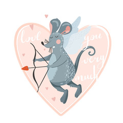 Greeting day card with cute rat cupid shoots a bow. Stylish typography slogan design 