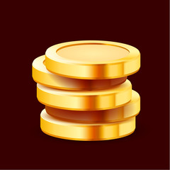 Growing stack of golden dollar coins isolated on dark background. Economics concept.