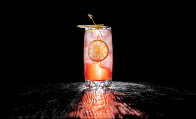 Alcoholic cocktail with juice garnished with cherry and jalapeno pepper planted for a long time.