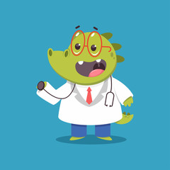 Children's doctor crocodile with stethoscope vector cartoon funny medical character isolated on background.
