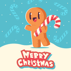 Christmas greeting card with cute gingerbread man cookie vector cartoon character on snowy background.