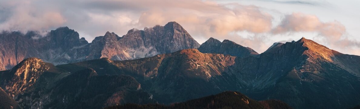 Mountain peaks at sunset. Tatra Mountains in Poland.