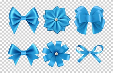 Blue satin bows. Silk ribbon bows vector with pearls isolated on transparent background. Satin bow and silk decoration to celebration illustration