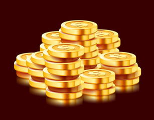 Growing stack of golden dollar coins isolated on dark background. Economics concept.