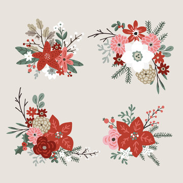 Set of Christmas bouquets made of fir, spruce, oak and eucalyptus tree branches, poinsettia, mums, narcissus flowers, holly, leaves and berries. Floral winter decoration. Isolated vector objects.