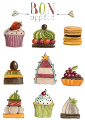 Bon Appetit. Set of Cute cakes and pies. Hand drawn colored pencils illustration.