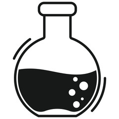 Black simple glass flask silhouette with chemical liquid and bubbles flat design icon isolated on white background.