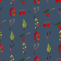 Autumn vector seamless pattern with berries, acorns, pine cone, mushrooms, branches and leaves.
