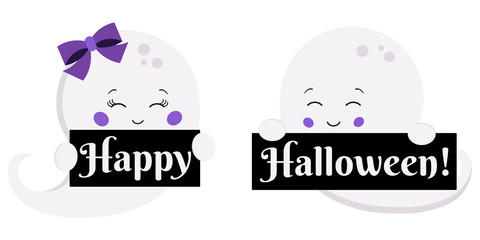 Vector illustration flat design kawaii cute boy and girl ghost with Happy Halloween plates isolated on white background.