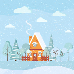 Snowy winter landscape scene with country house with chimney smoke Christmas vector background illustration.